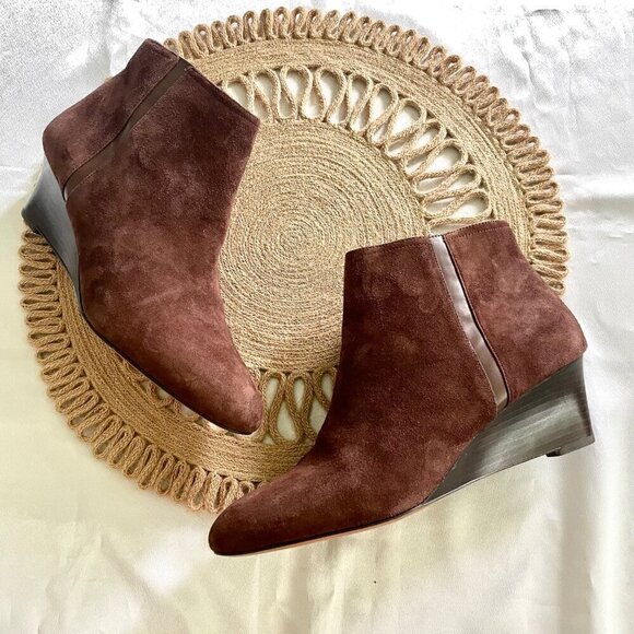 Coach Maya Suede Polished Calf Ankle Wedge Boots Brown Size 10 Q5328 - Picture 2 of 13